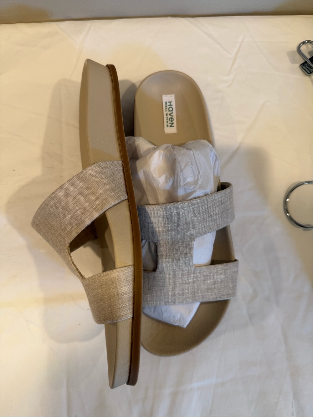 Hoven Beige Linen Double-Strap Slide Sandals - Women